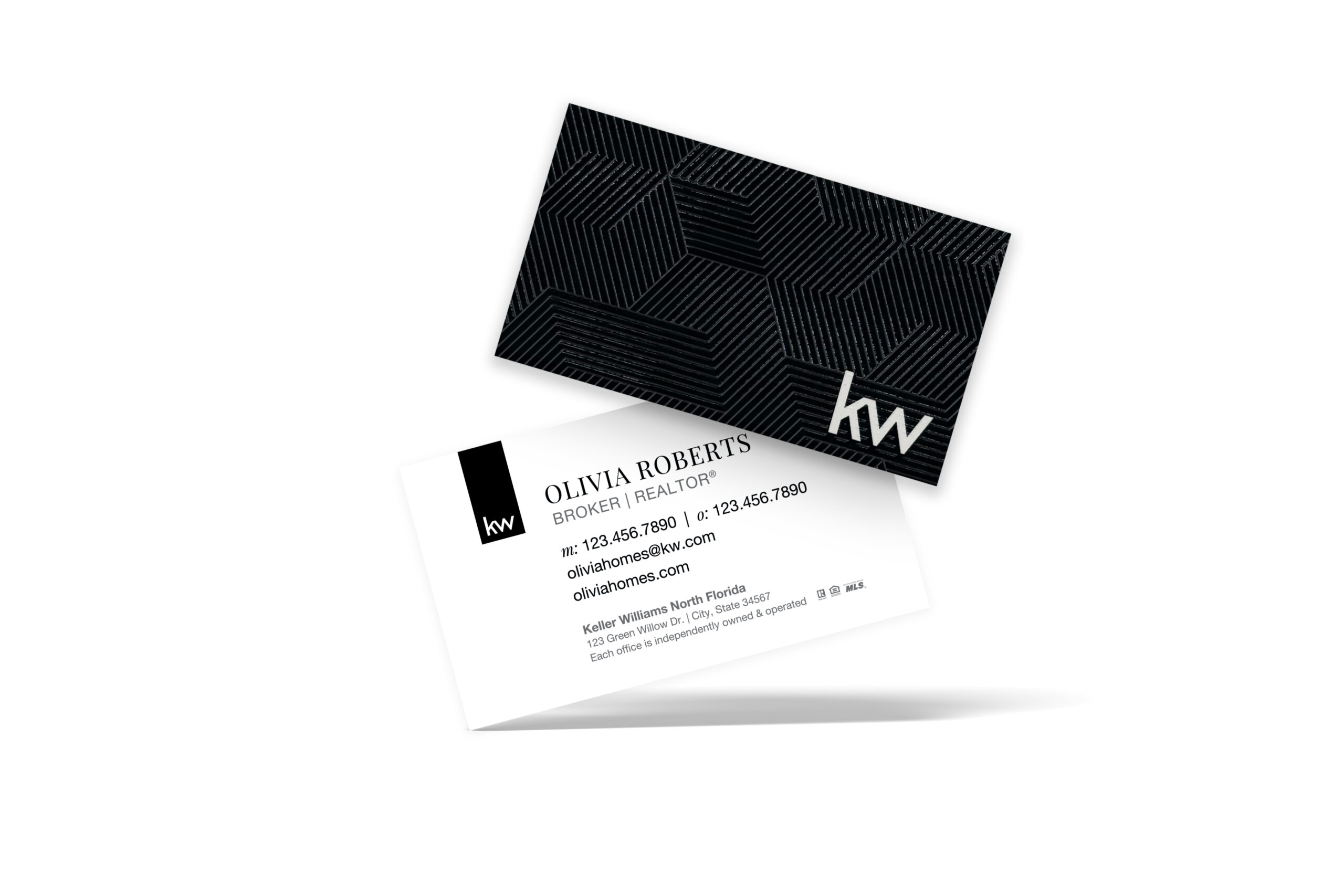 Horizontal Spot UV White/Black w/ Line Pattern Back KW Business Card